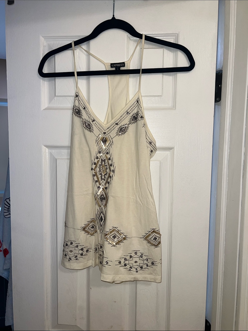 Express Cream Embroidered V-Neck Beaded Camisole